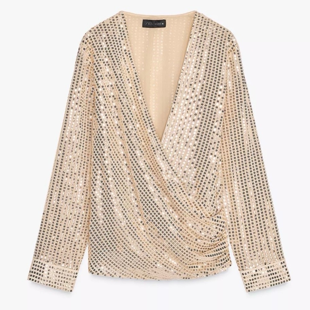 NWT Zara Champagne Sequin Wrap style Blouse party dance resort wedding guest L
